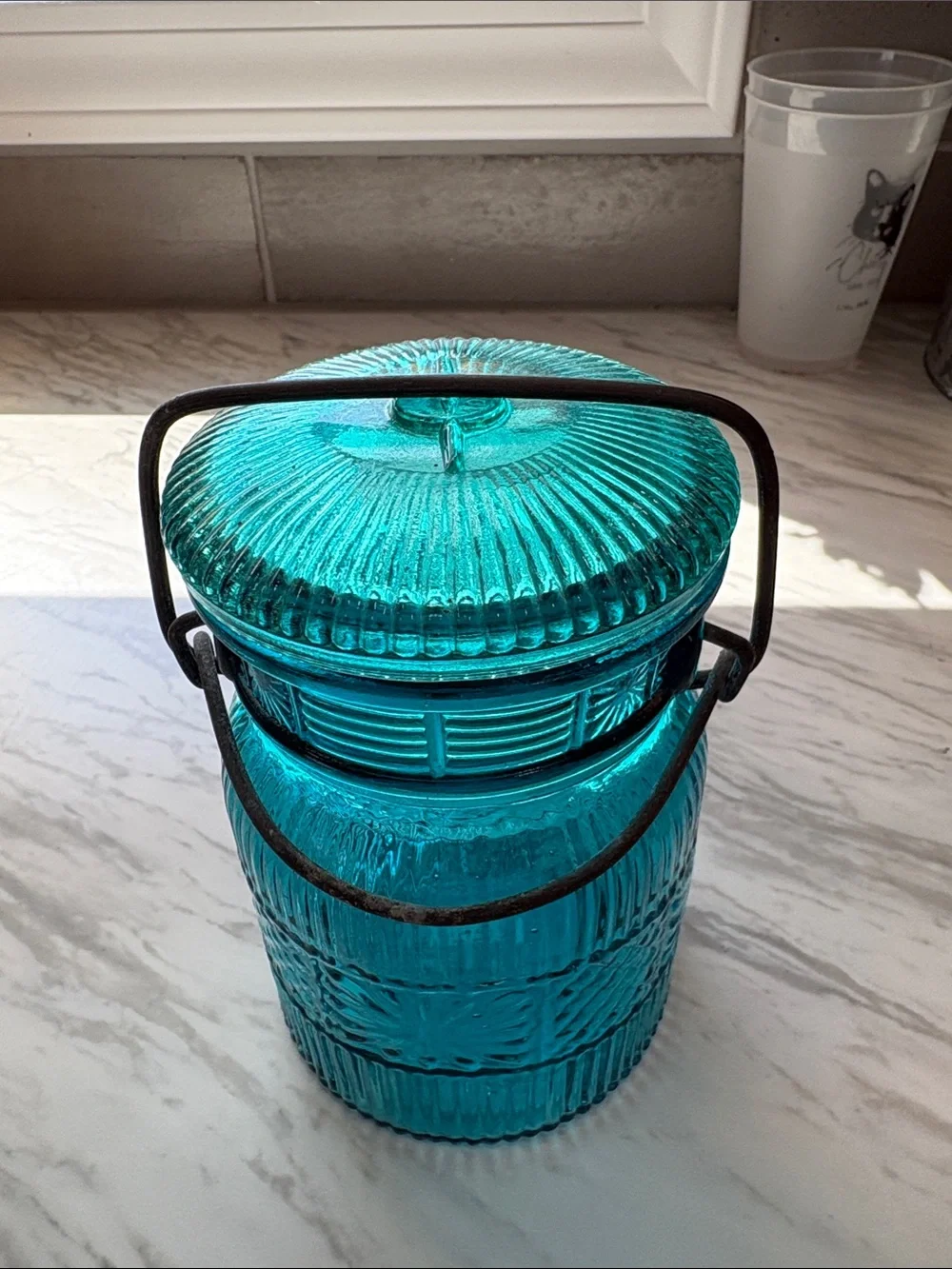 Vintage Avon Decorative Teal Glass Jar with Lid and Handle